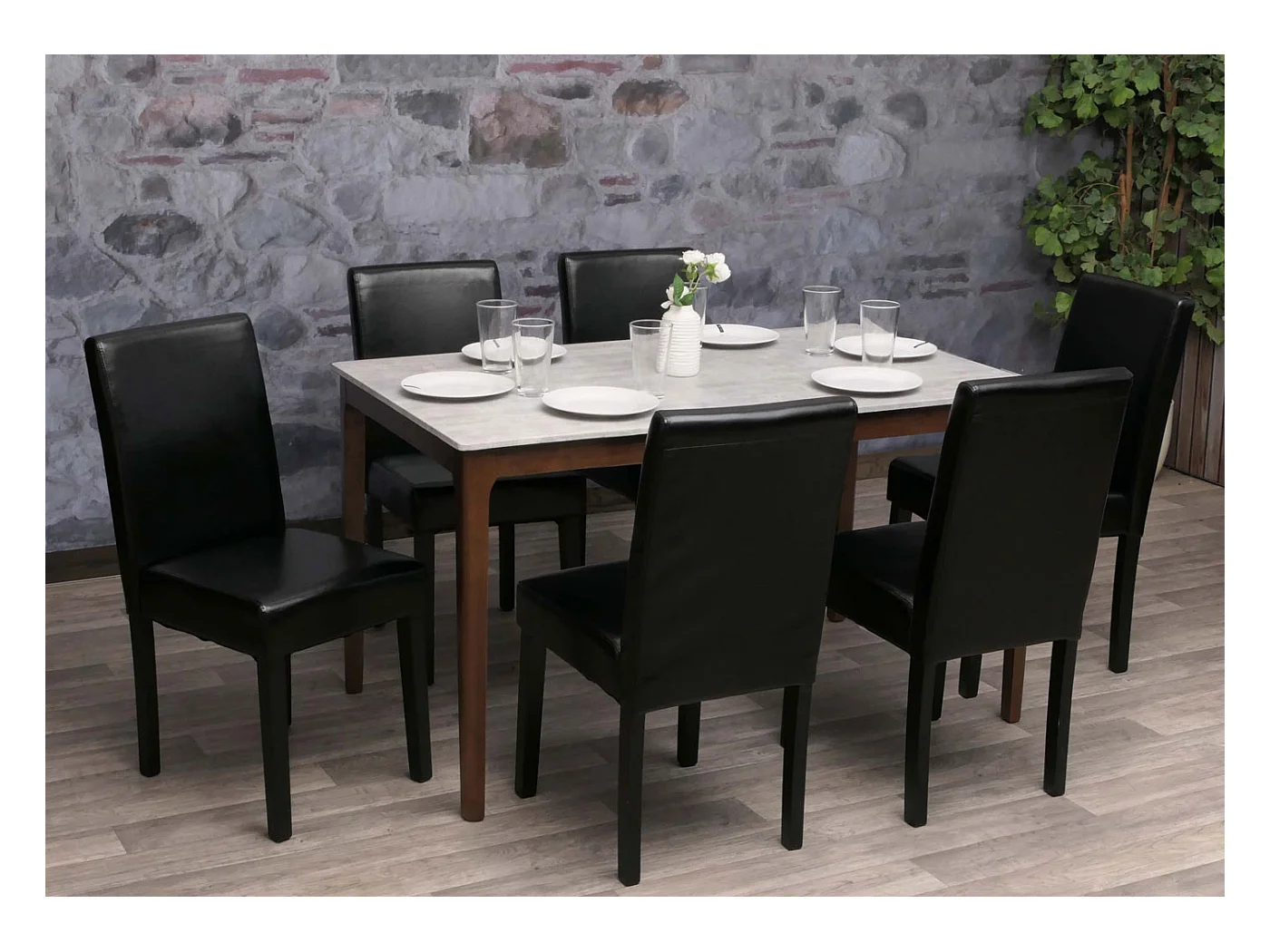 Chaise de salle à manger Littau (lot de 6),  cuir noir, pieds foncés