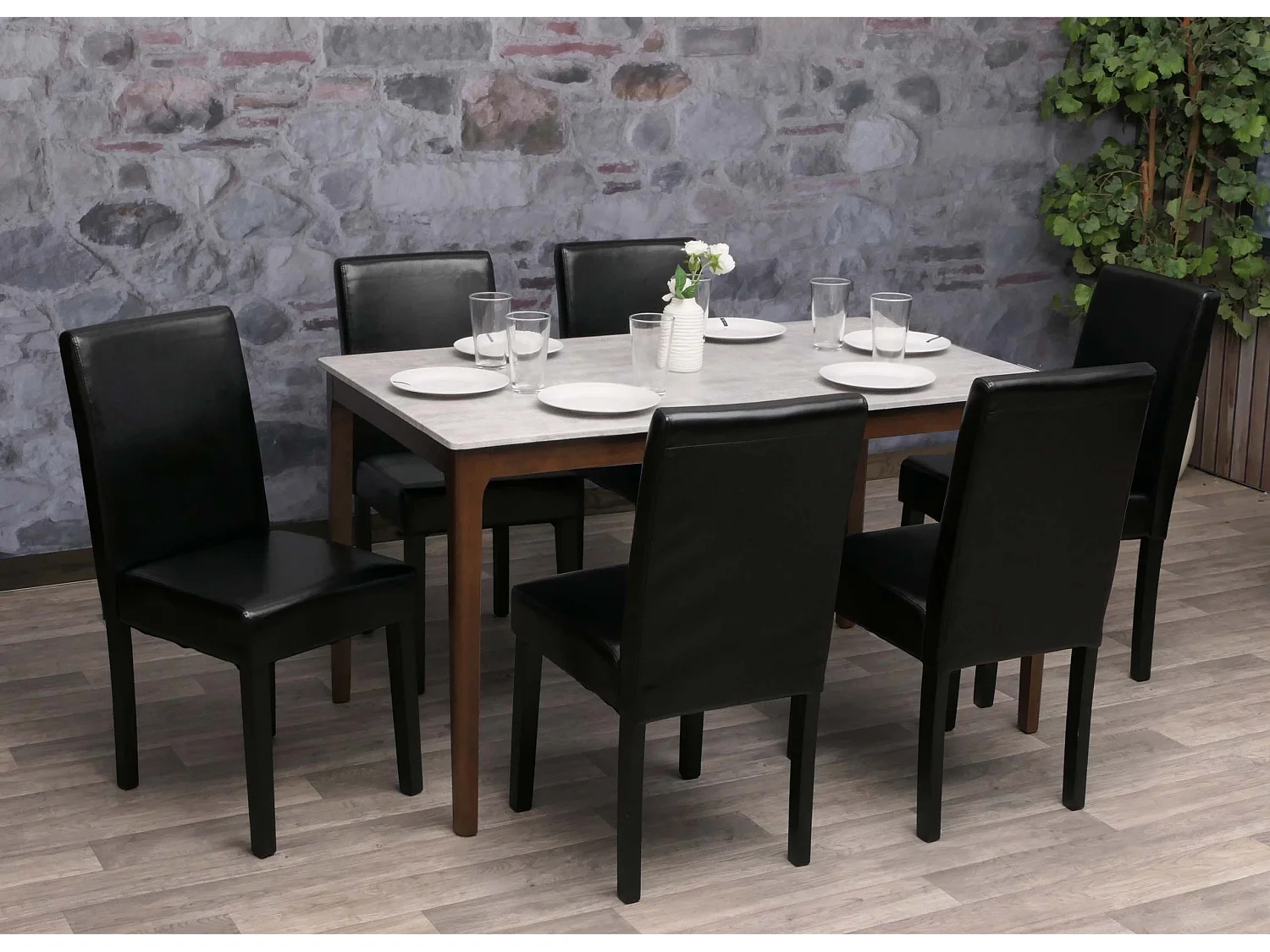 Chaise de salle à manger Littau (lot de 6),  cuir noir, pieds foncés