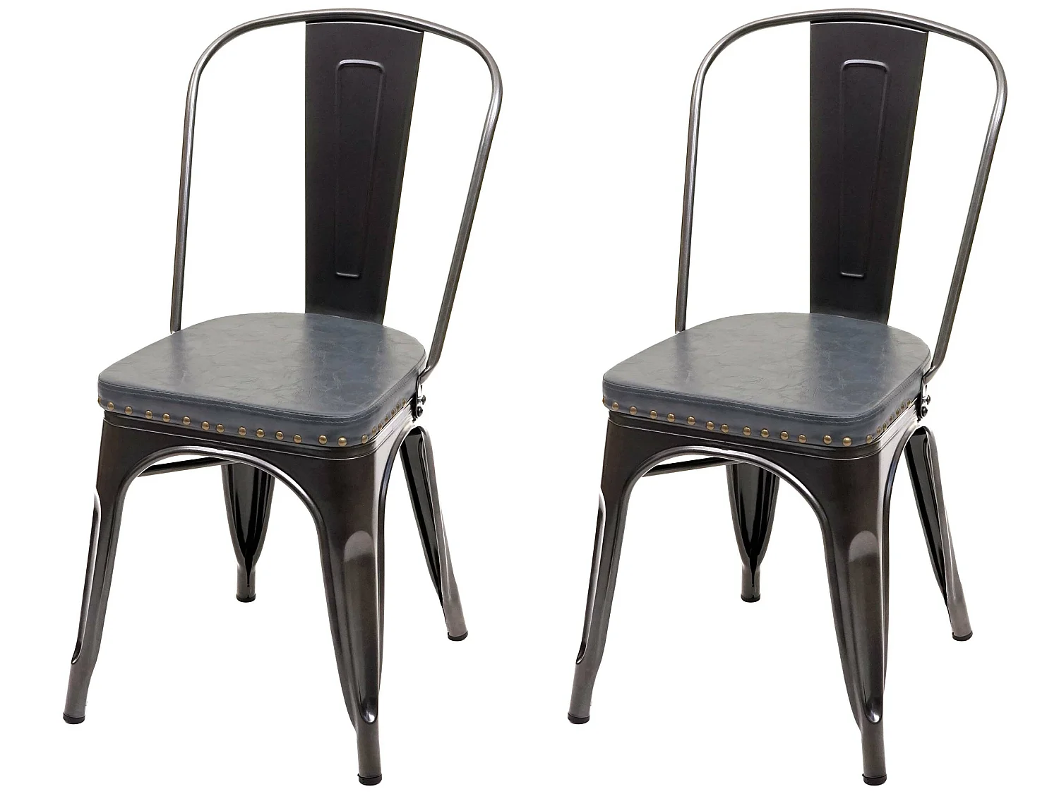 Set 2x sedie impilabili design industriale MCW-H10e acciaio verniciato ecopelle nero e grigio