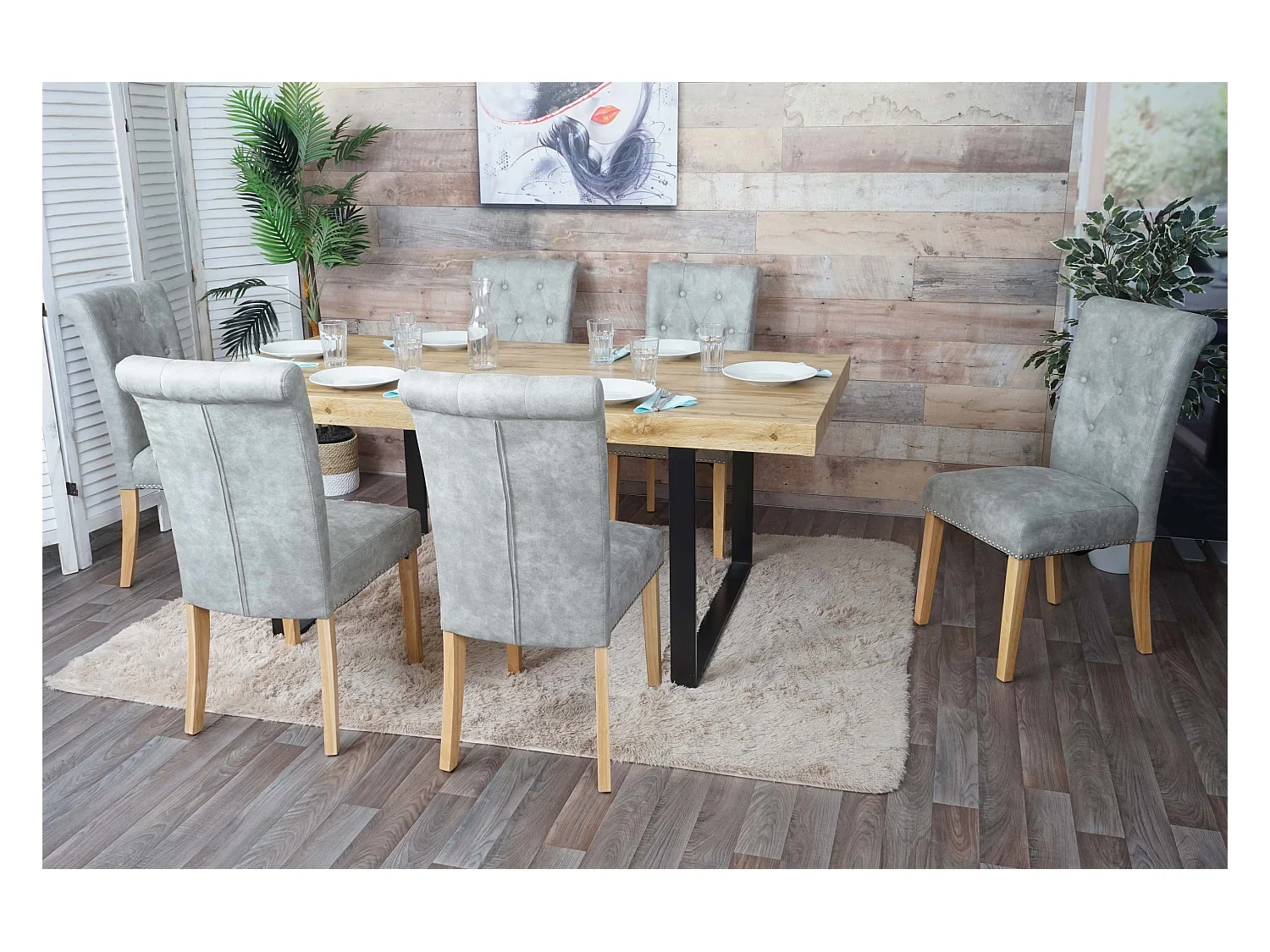 Chaise de salle à manger Chesterfield II (lot de 6),  tissu/textile gris clair, pieds clairs