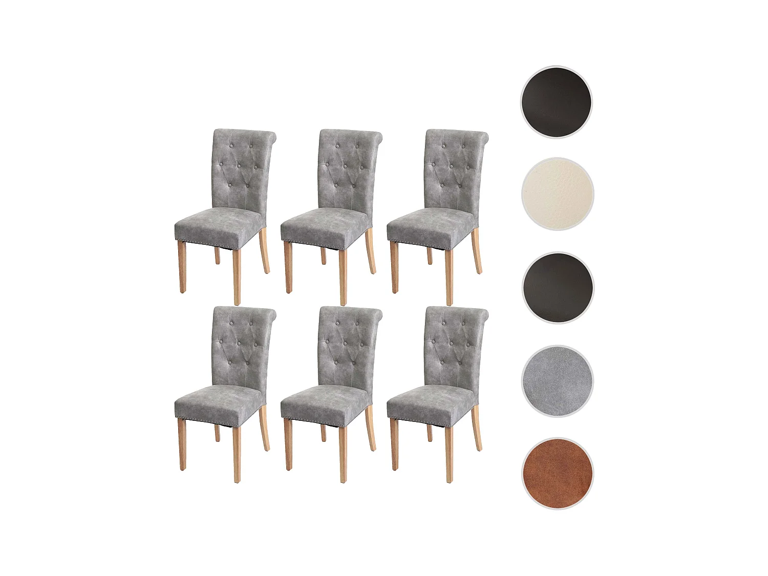 Chesterfield II eetkamerstoel (set van 6),  stof/textiel lichtgrijs, lichte poten