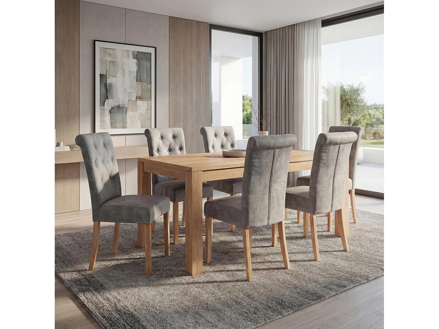 Esszimmerstuhl Chesterfield 2 (6er-Set), Stoff/Textil hellgrau, helle Beine