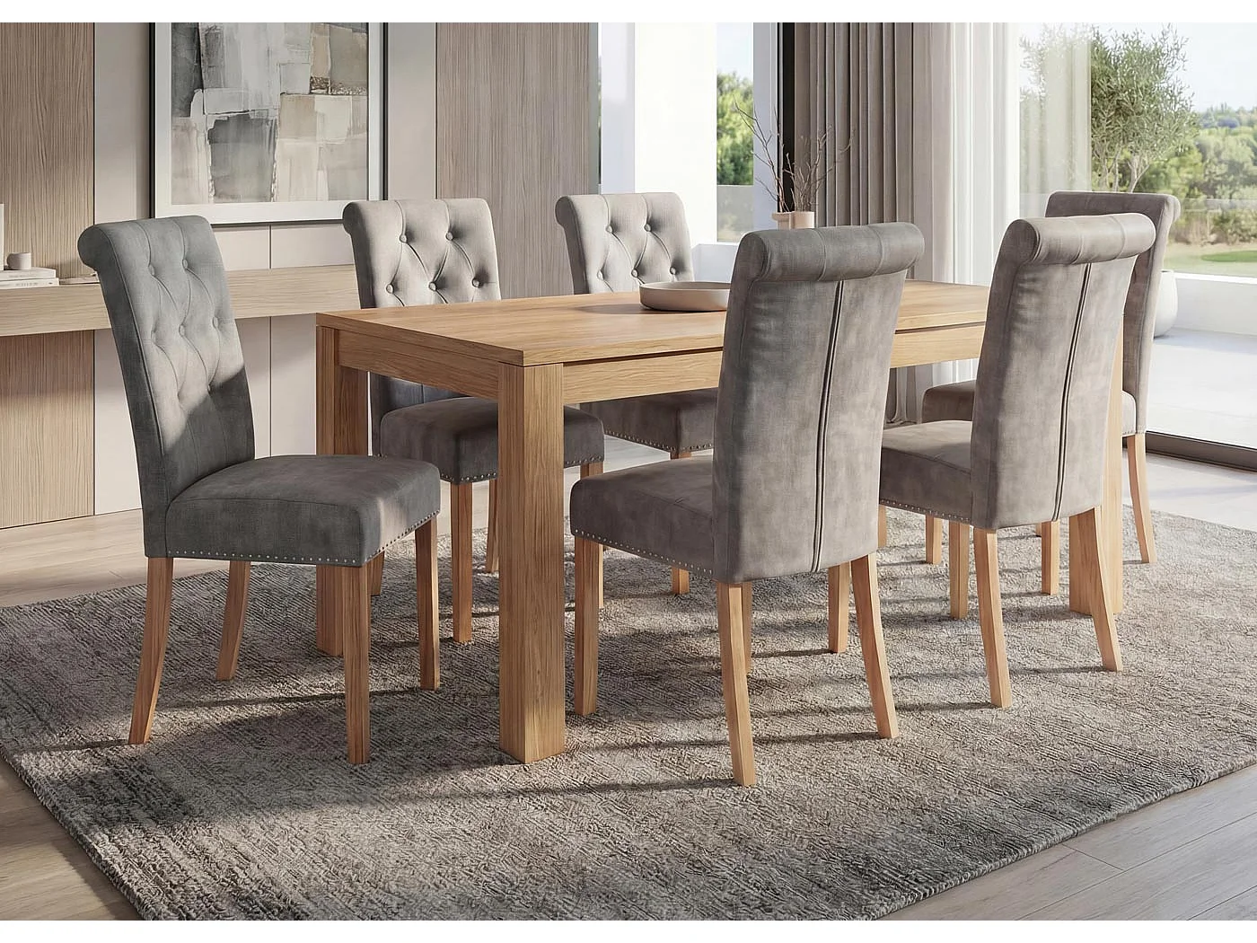 Esszimmerstuhl Chesterfield 2 (6er-Set), Stoff/Textil hellgrau, helle Beine