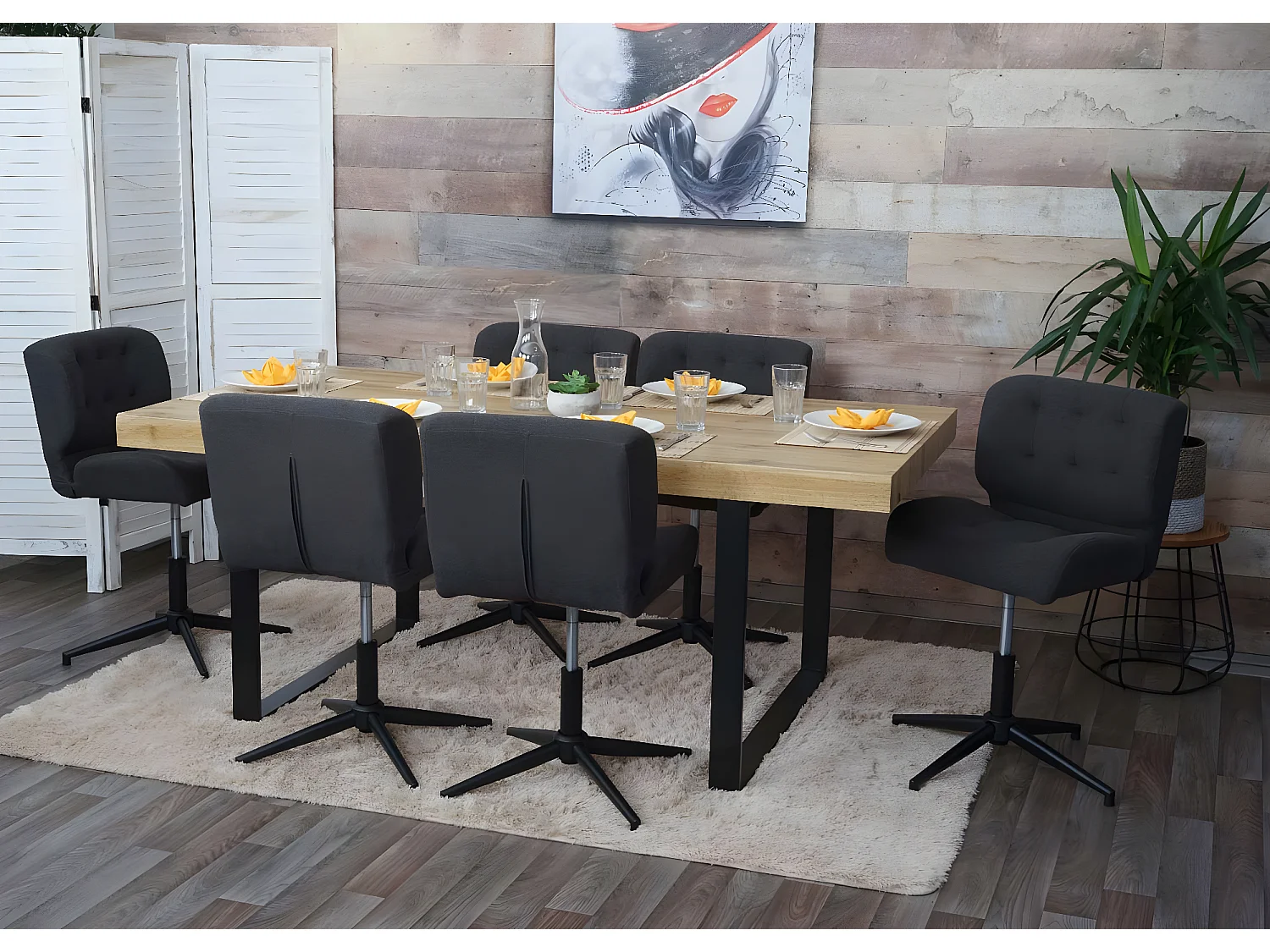 Silla de comedor MCW-H42 (set de 2),  tela/textil gris oscuro, base negra