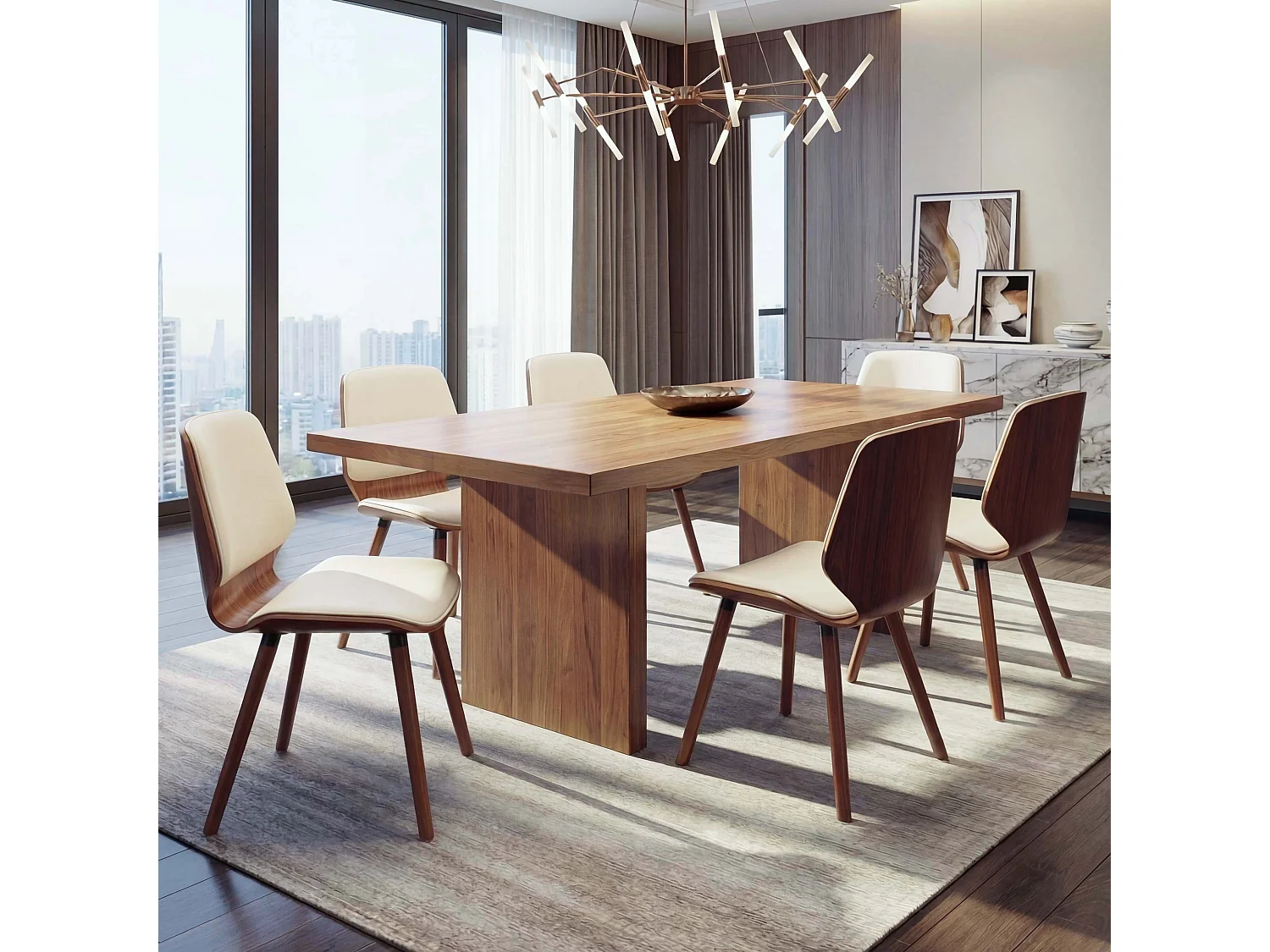 Set 6x sedie eleganti soggiorno sala pranzo MCW-B16 legno curvo ecopelle avorio