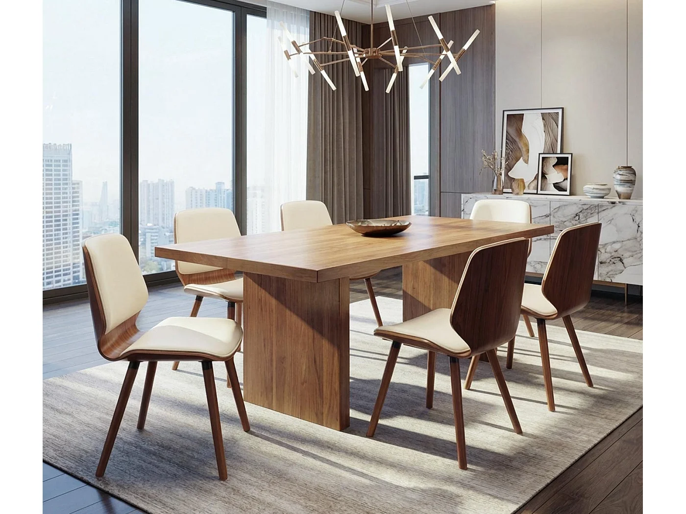 Set 6x sedie eleganti soggiorno sala pranzo MCW-B16 legno curvo ecopelle avorio