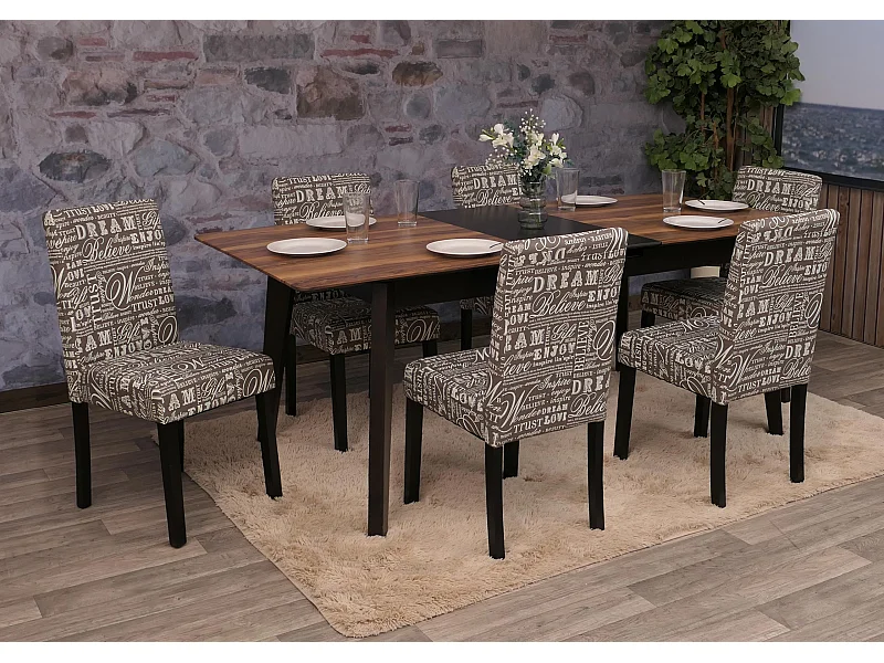 Silla de comedor Littau (juego de 6),  textil con letras, gris, patas oscuras