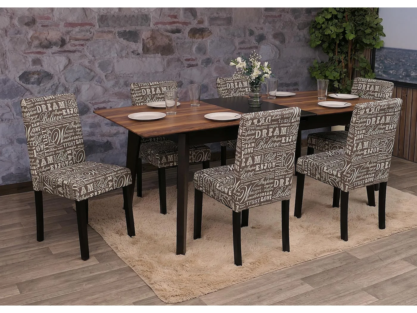 Chaise de salle à manger Littau (lot de 6),  tissu – écriture, gris, pieds foncés