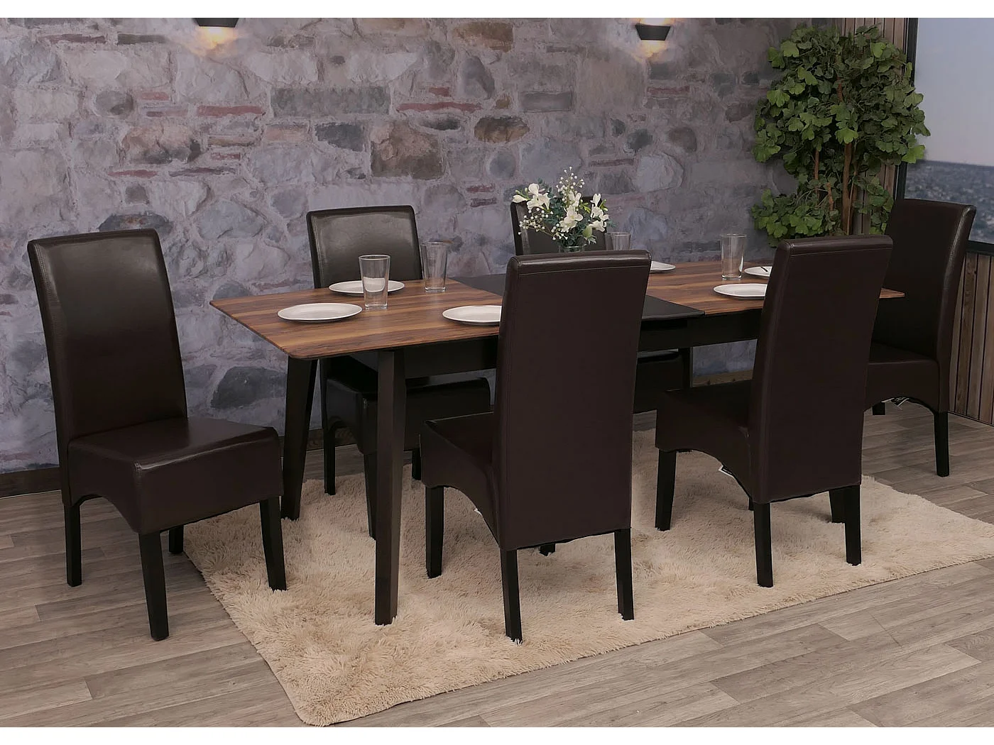 Chaise de salle à manger Littau (lot de 6),  cuir reconstitué marron, pieds foncés