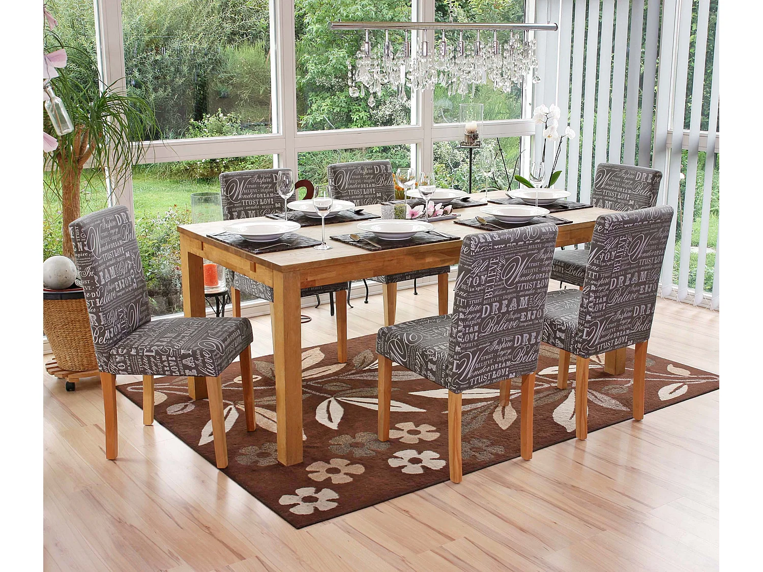 Esszimmerstuhl Littau (6er-Set), Textil mit Schriftzug, grau, helle Beine