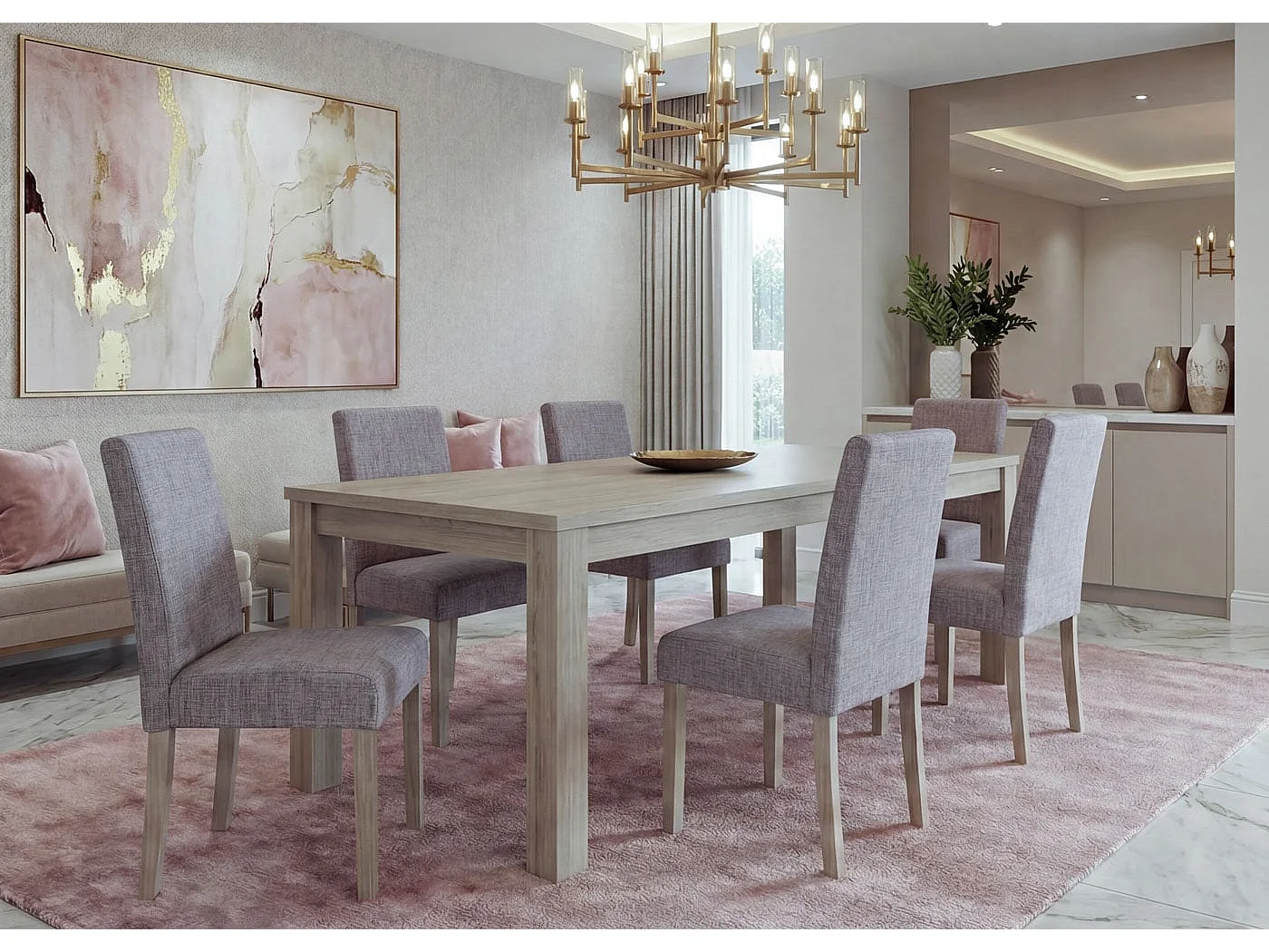 Eetkamerstoel Littau (set van 6),  textiel, grijs, poten structuur - eikenhout