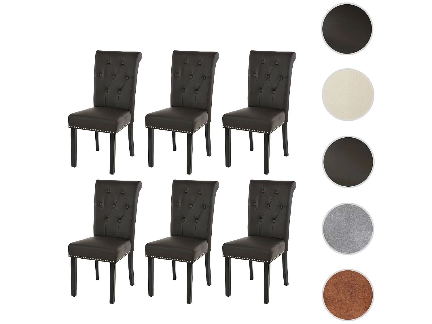 Silla de comedor Chesterfield II (juego de 6),  imitación de cuero, café, patas oscuras