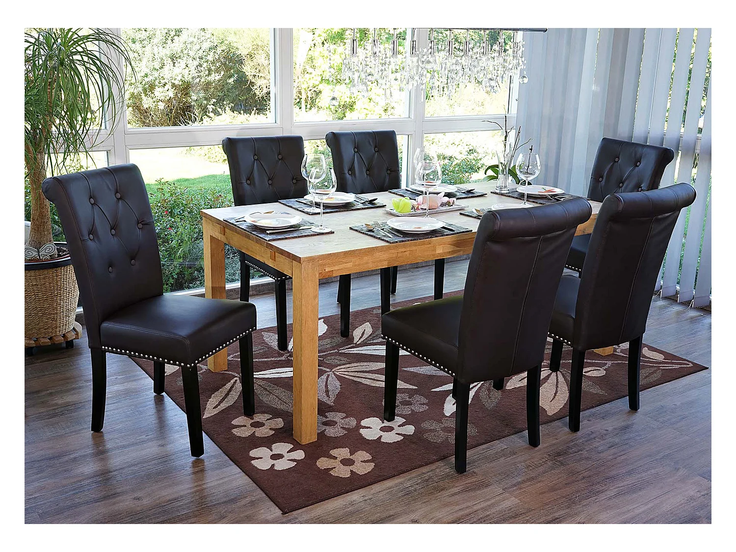 Chaise de salle à manger Chesterfield II (lot de 6),  similicuir brun foncé, pieds foncés