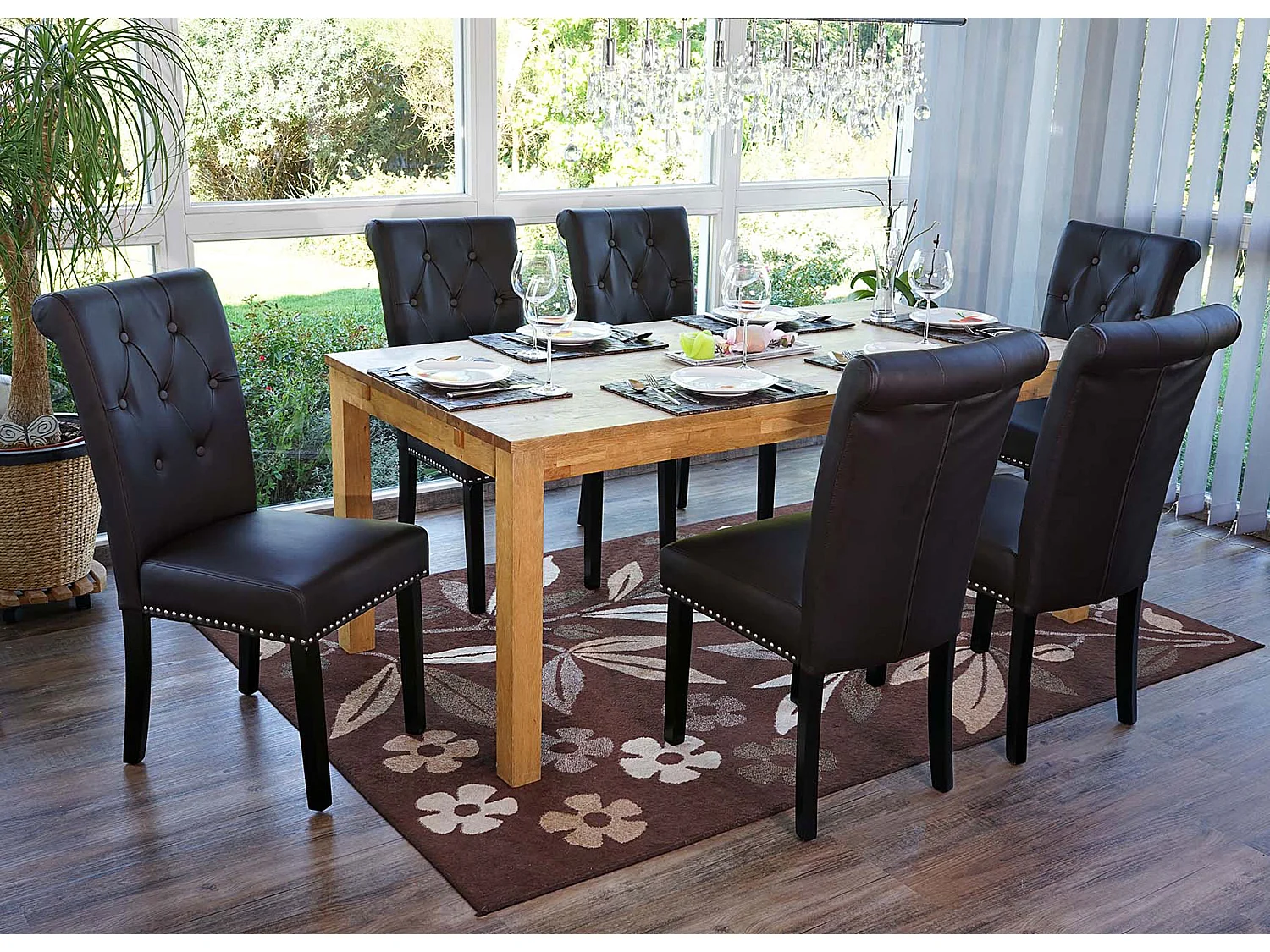 Chaise de salle à manger Chesterfield II (lot de 6),  similicuir brun foncé, pieds foncés