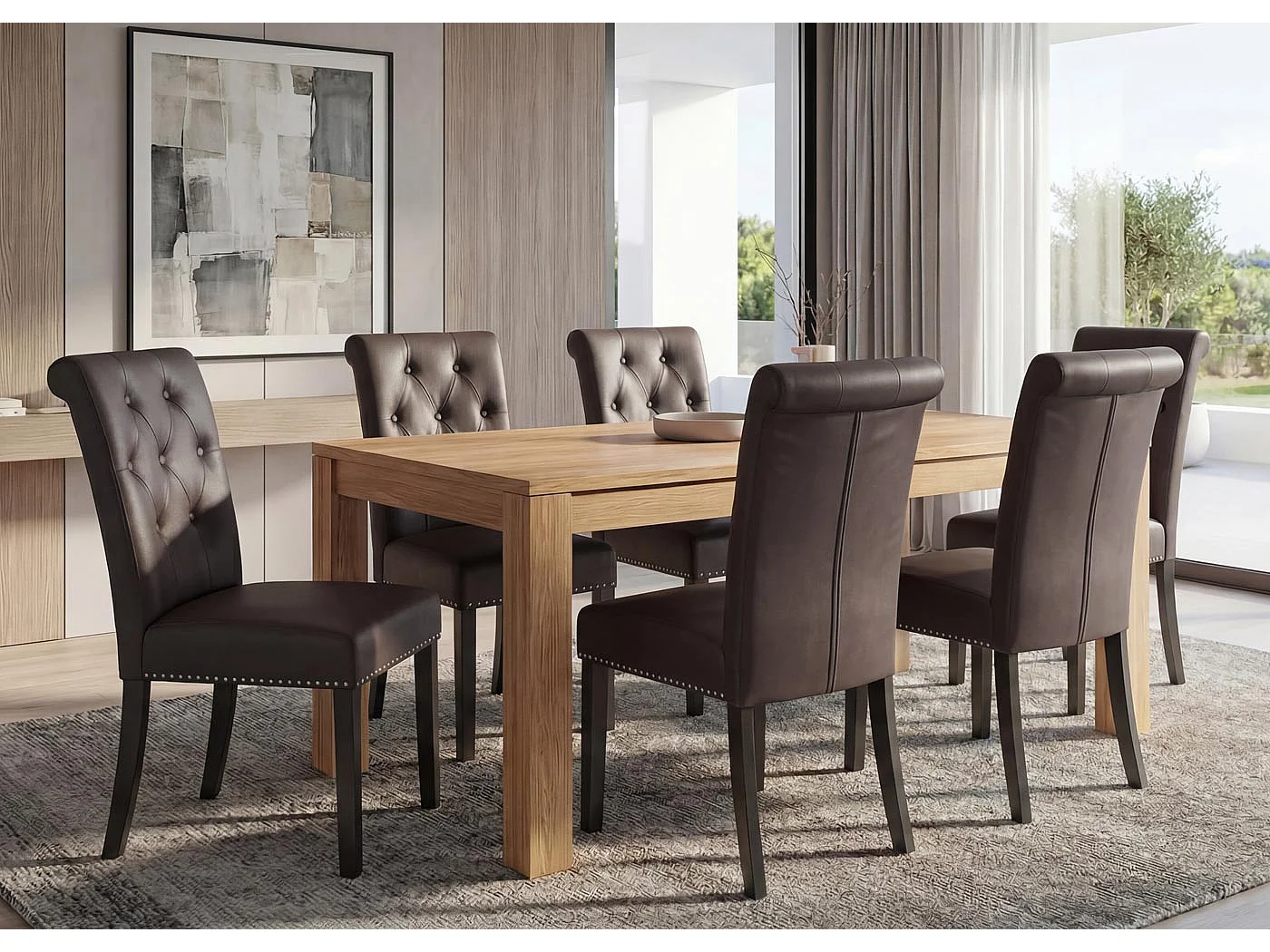 Eetkamerstoel Chesterfield II (set van 6),  kunstleer, koffie, donkere poten