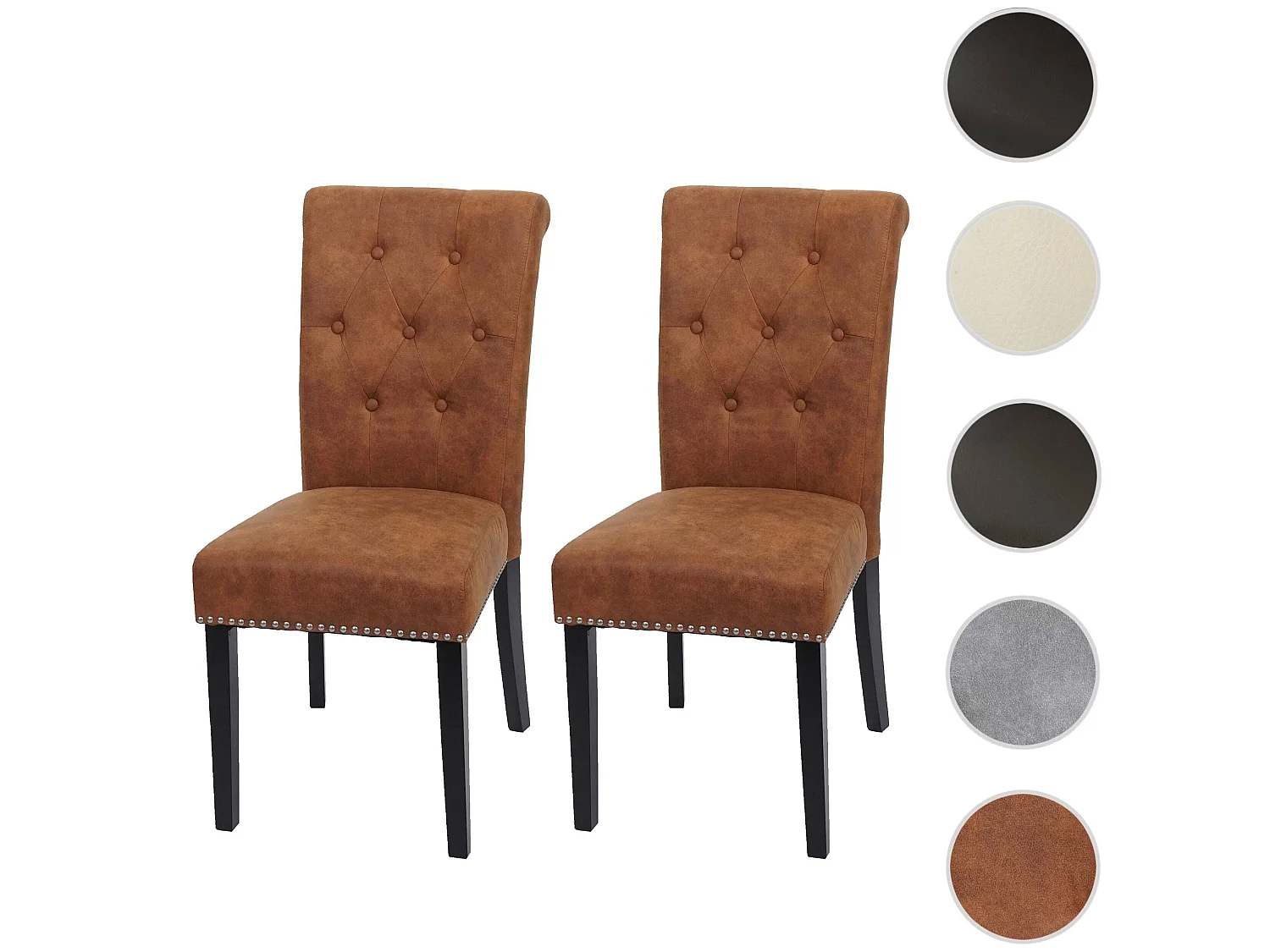 Set 2x sedie vintage retrò inglesi sala pranzo Chesterfield II tessuto effetto scamosciato marrone piedi scuri