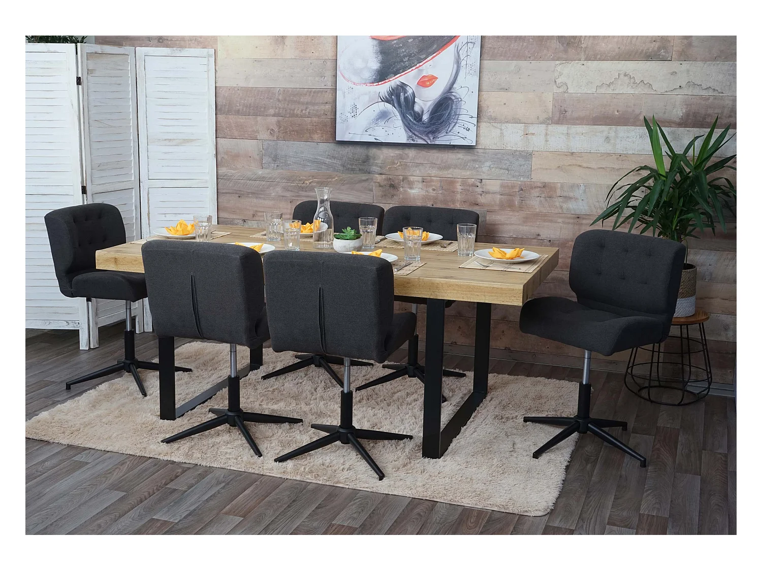 Chaise de salle à manger MCW-H42 (lot de 6),  tissu/textile gris foncé, pied noir