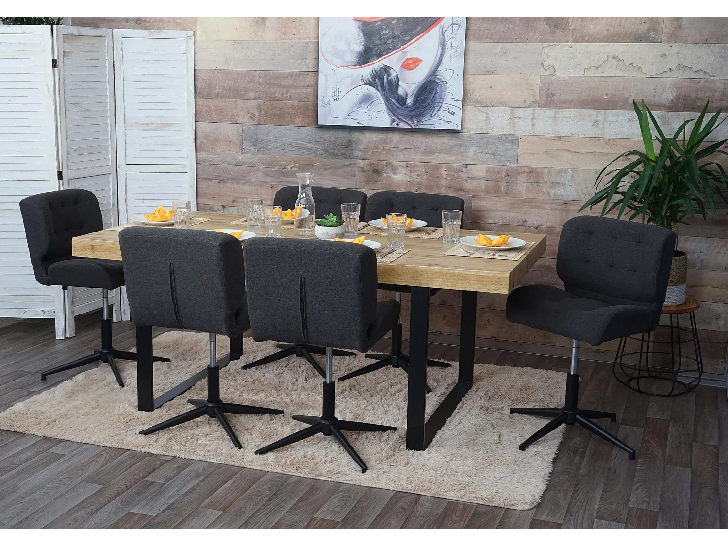 Eetkamerstoel MCW-H42 (set van 6),  stof/textiel donkergrijs, voet zwart