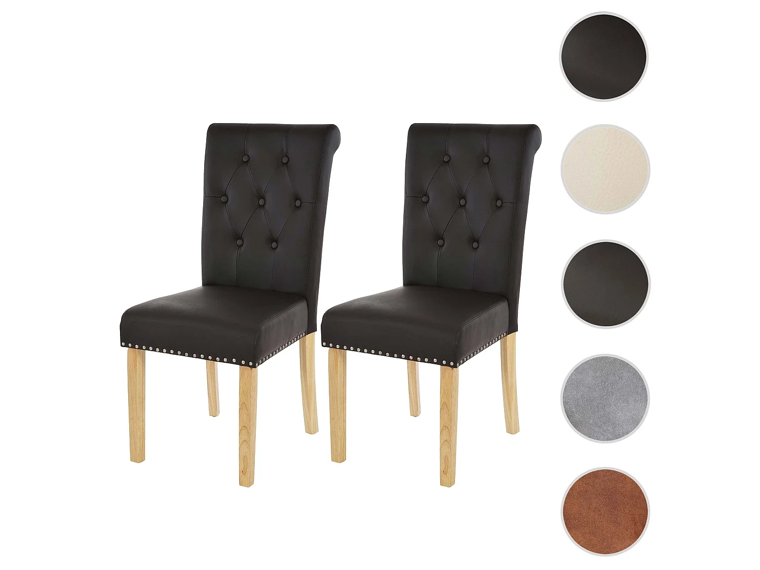 Chaise de salle à manger Chesterfield II (lot de 2),  similicuir brun foncé, pieds clairs