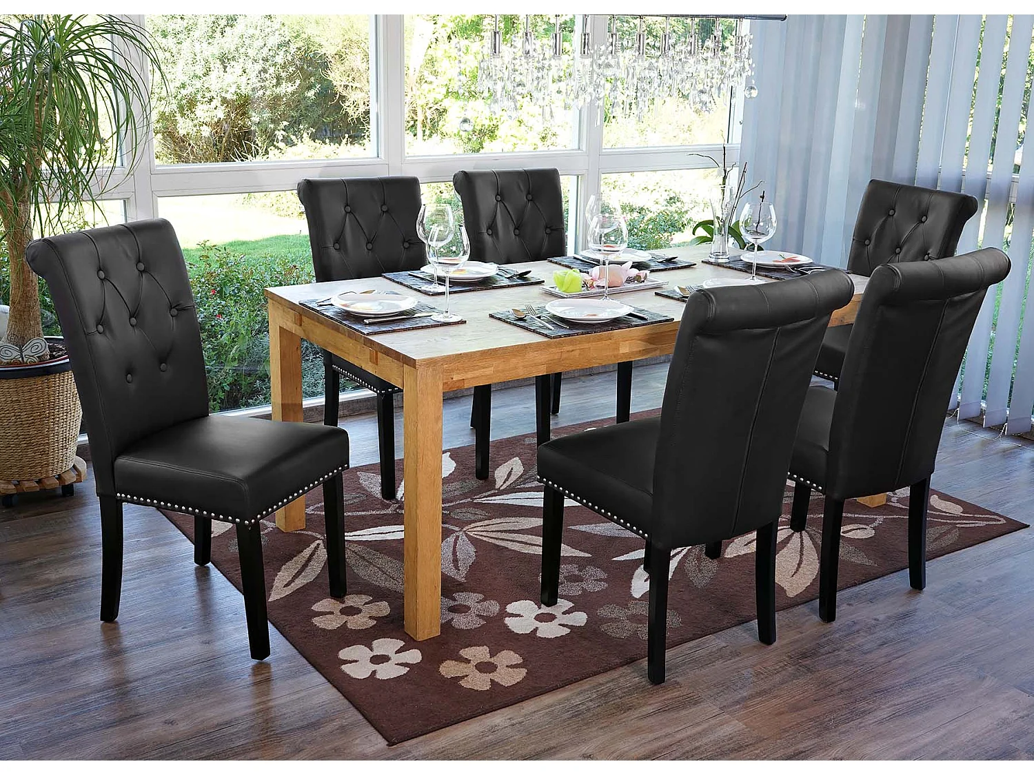 Chaise de salle à manger Chesterfield II (lot de 6),  similicuir noir, pieds foncés