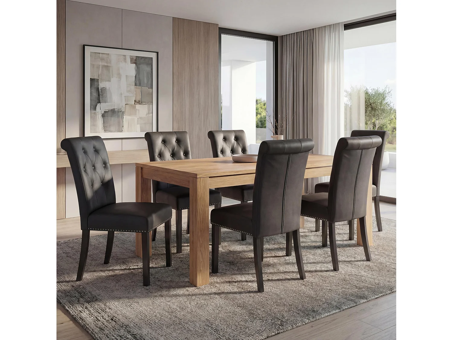 Eetkamerstoel Chesterfield II (set van 6),  kunstleer, zwart, donkere poten