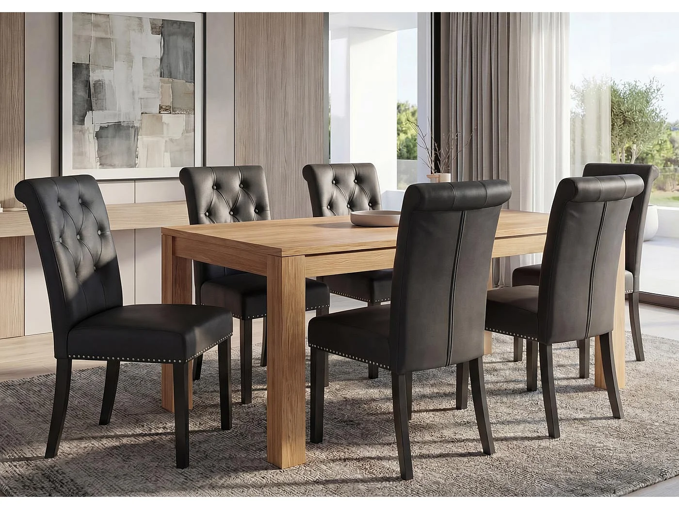 Eetkamerstoel Chesterfield II (set van 6),  kunstleer, zwart, donkere poten