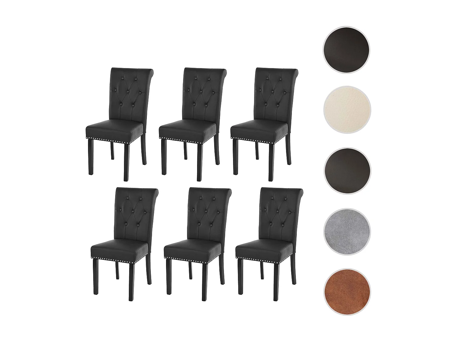 Krzesło do jadalni Chesterfield II (zestaw 6 sztuk),  imitacja skóry, czarne, ciemne nogi