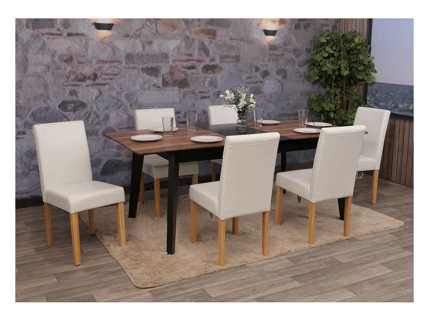 Chaise de salle à manger Littau (lot de 6),  cuir blanc, pieds clairs