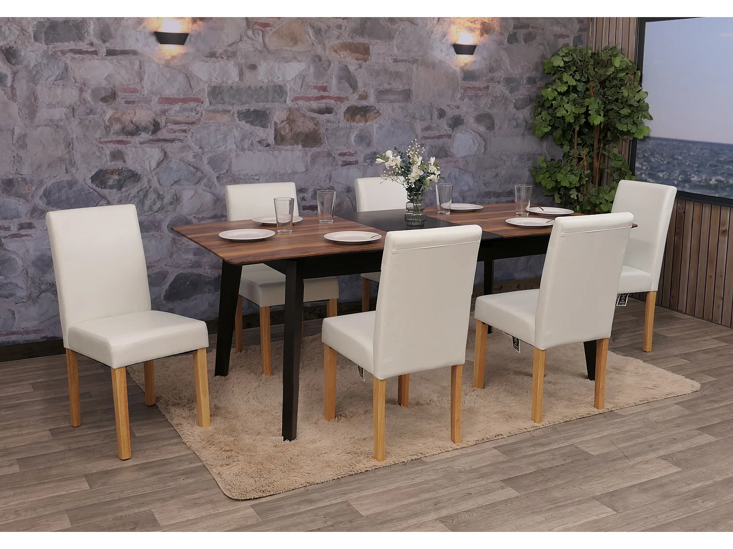 Eetkamerstoel Littau (set van 6),  leer, wit, lichtgekleurde poten