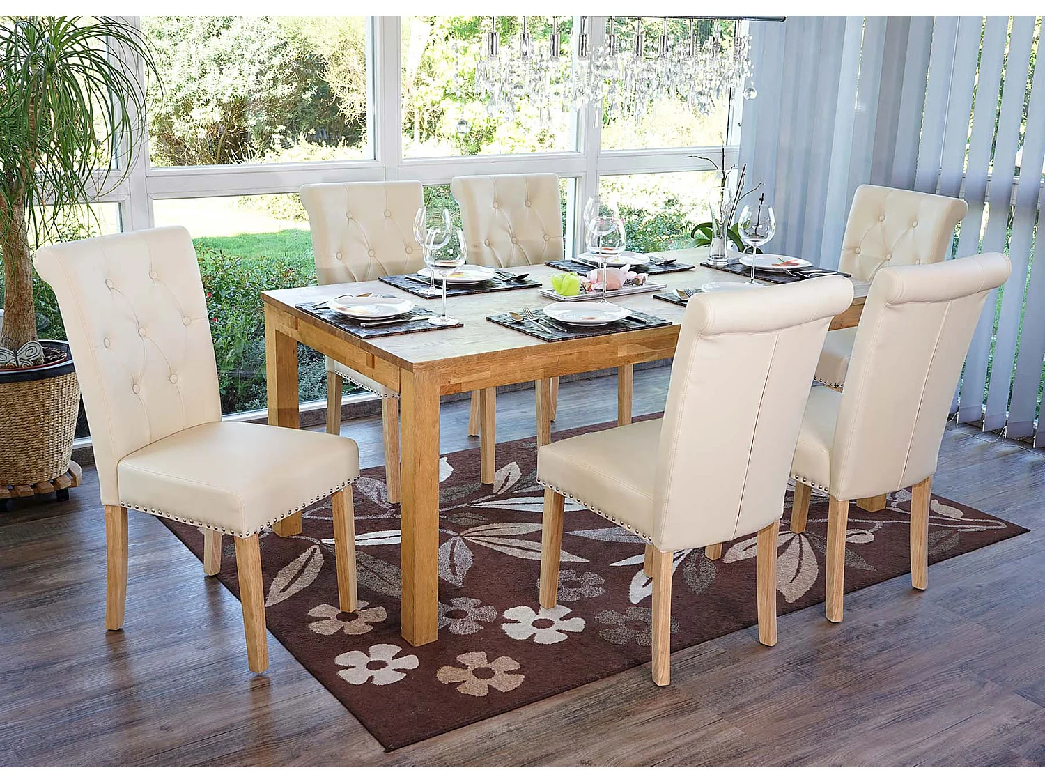 Set 6x sedie Chesterfield II ecopelle sala pranzo avorio piedi chiari