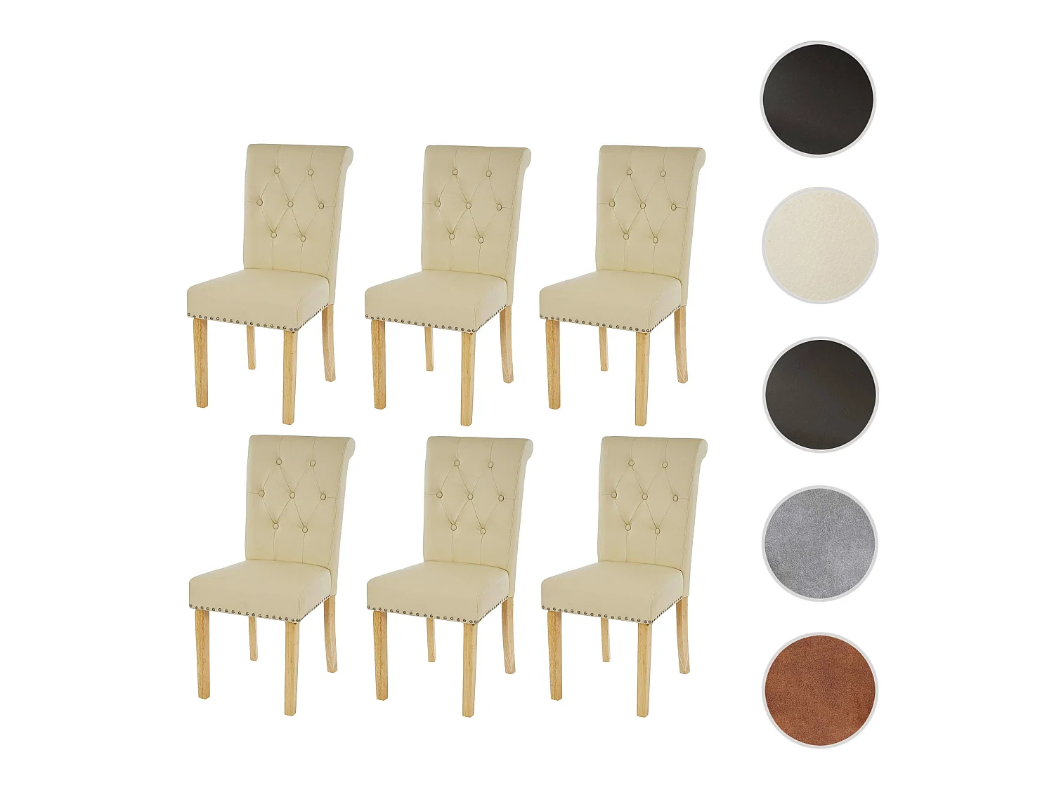 Silla de comedor Chesterfield II (juego de 6),  imitación de cuero, crema, patas ligeras