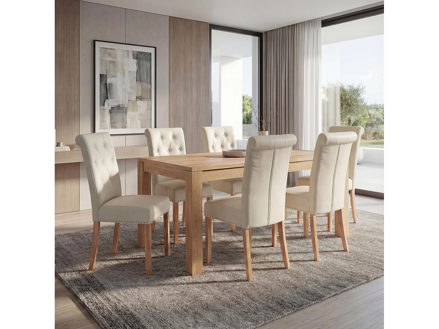 Silla de comedor Chesterfield II (juego de 6),  imitación de cuero, crema, patas ligeras