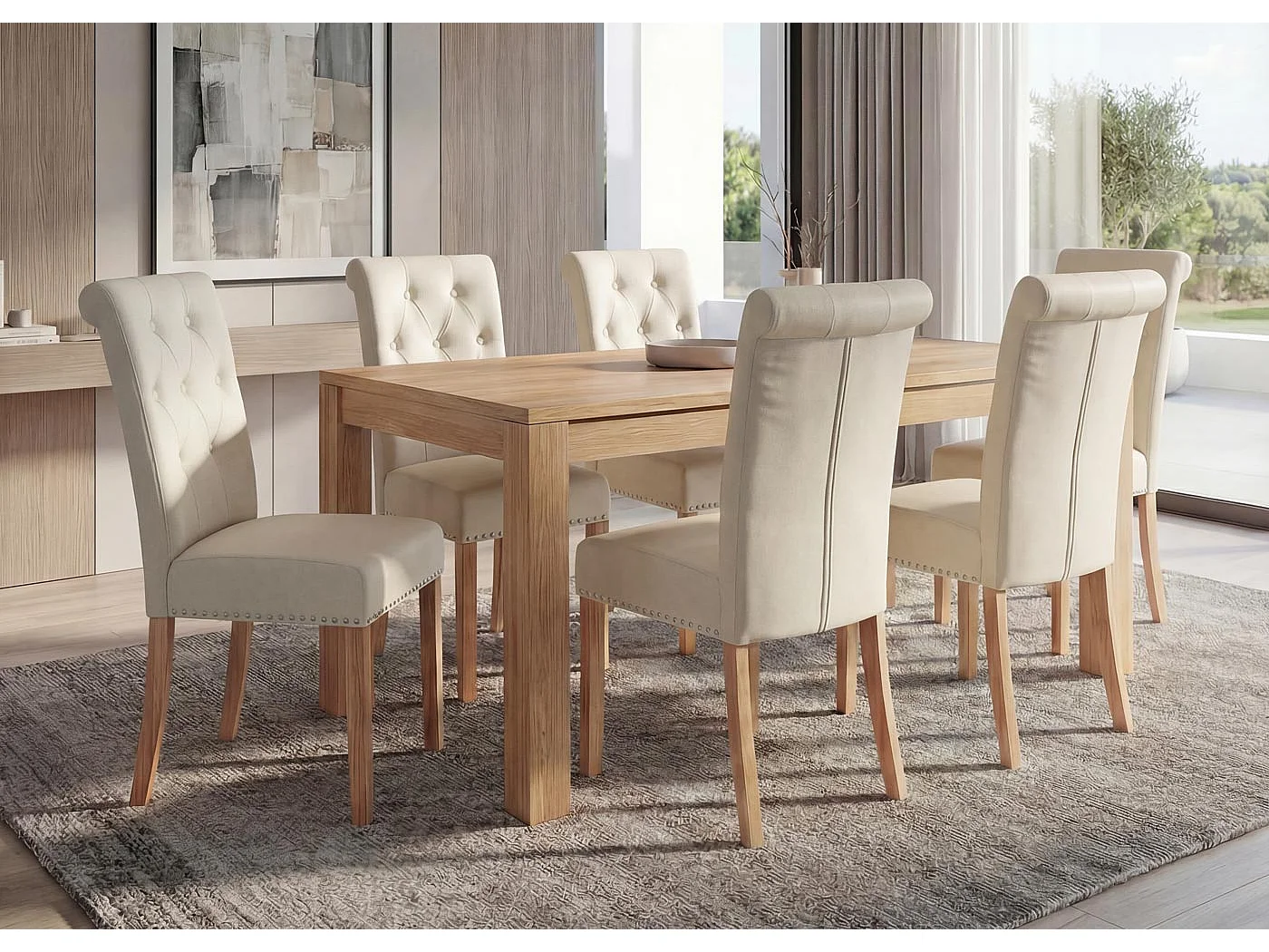 Silla de comedor Chesterfield II (juego de 6),  imitación de cuero, crema, patas ligeras