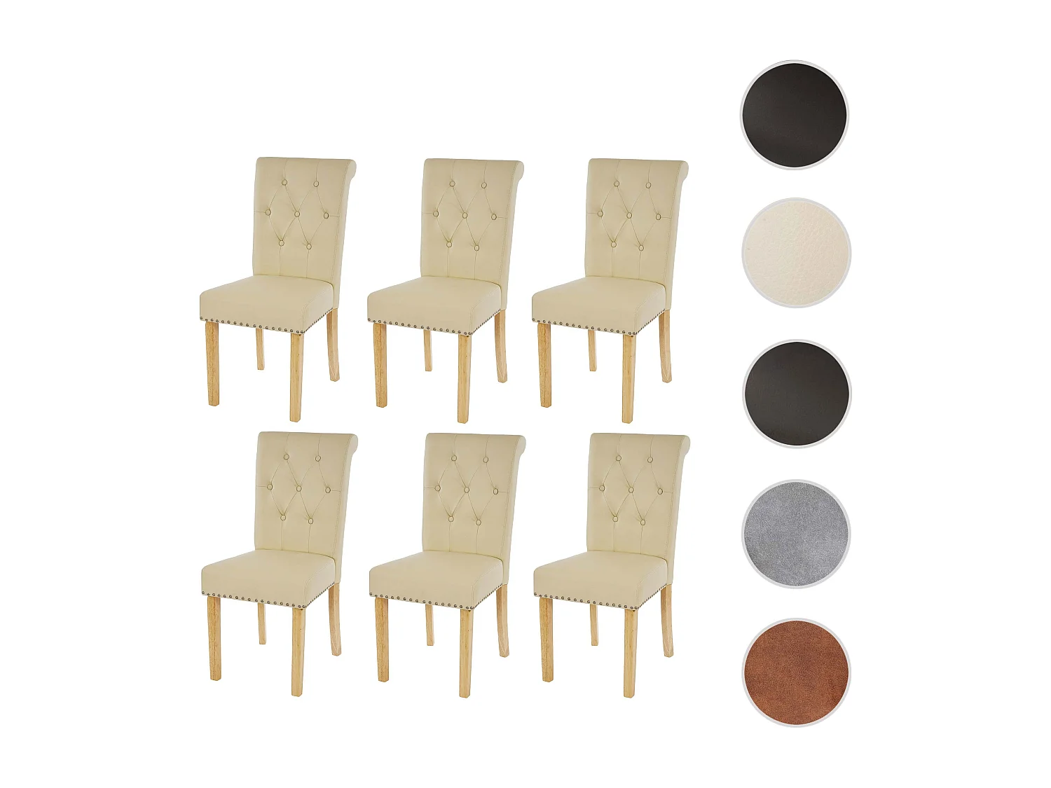 Silla de comedor Chesterfield II (juego de 6),  imitación de cuero, crema, patas ligeras