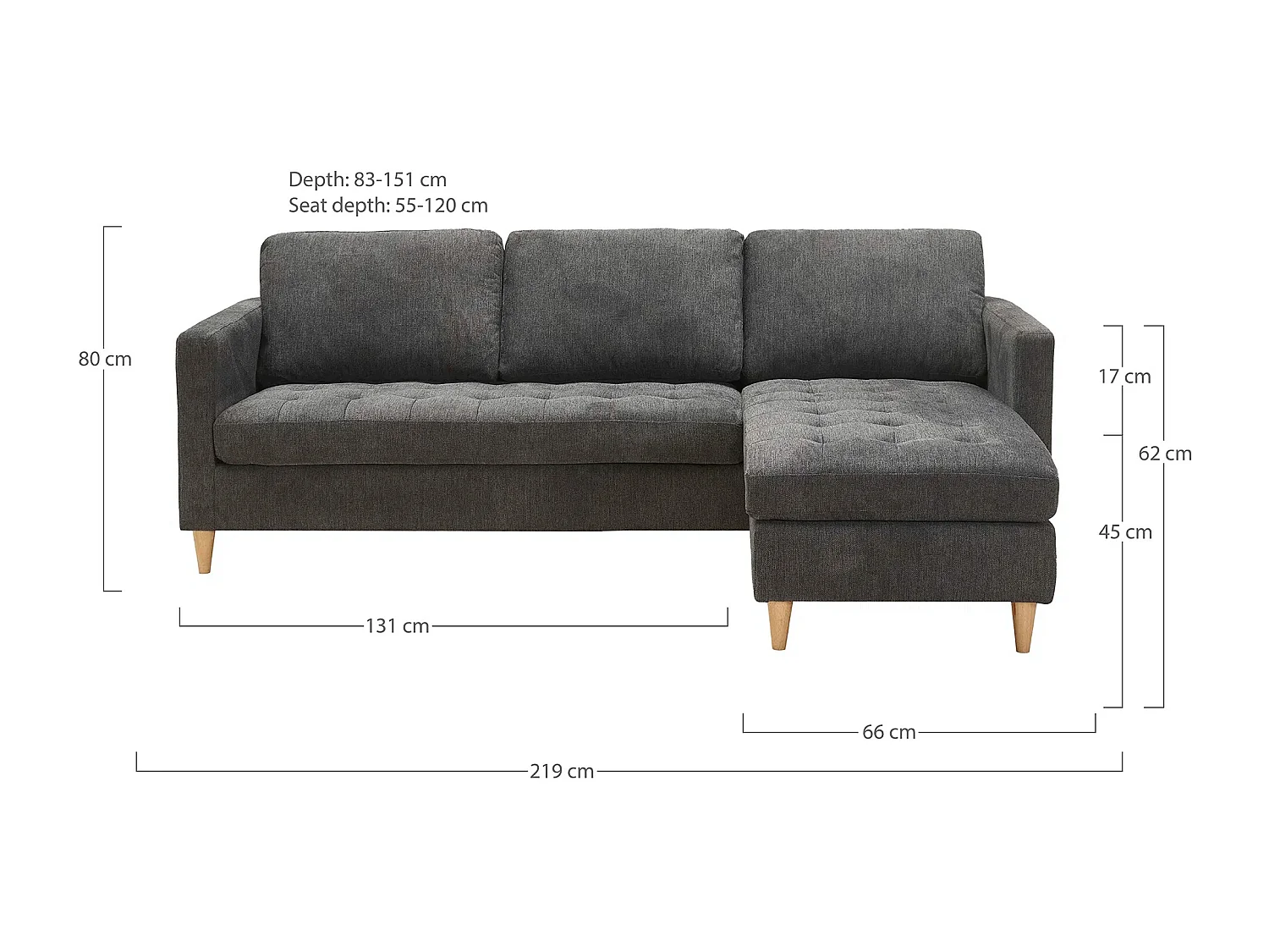 Sofá esquinero reversible FIRENZE – Gris oscuro con patas de madera natural