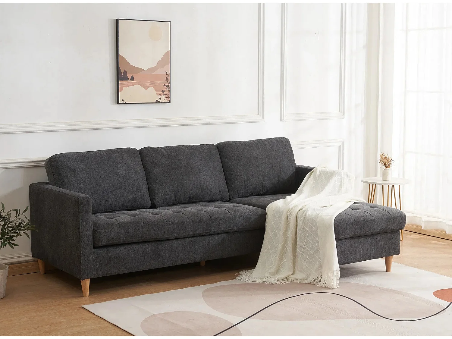 Sofá esquinero reversible FIRENZE – Gris oscuro con patas de madera natural