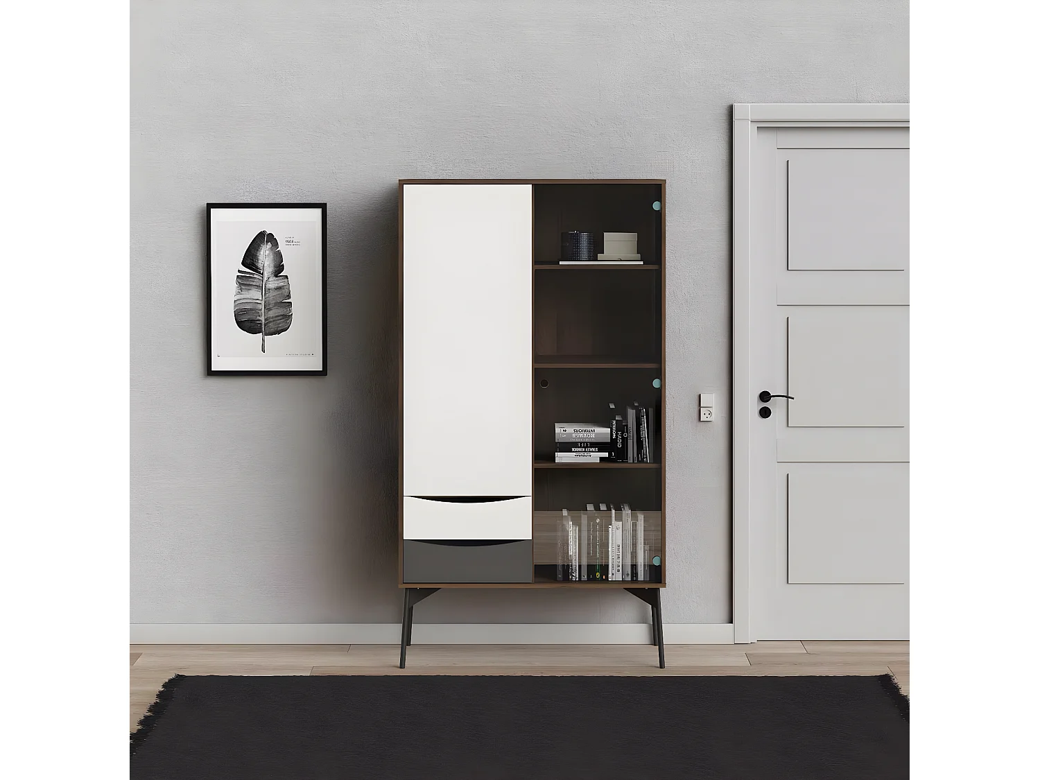 Elly Vitrine avec 1 porte, 1 porte vitrée et 2 tiroirs marron,blanc,gris.