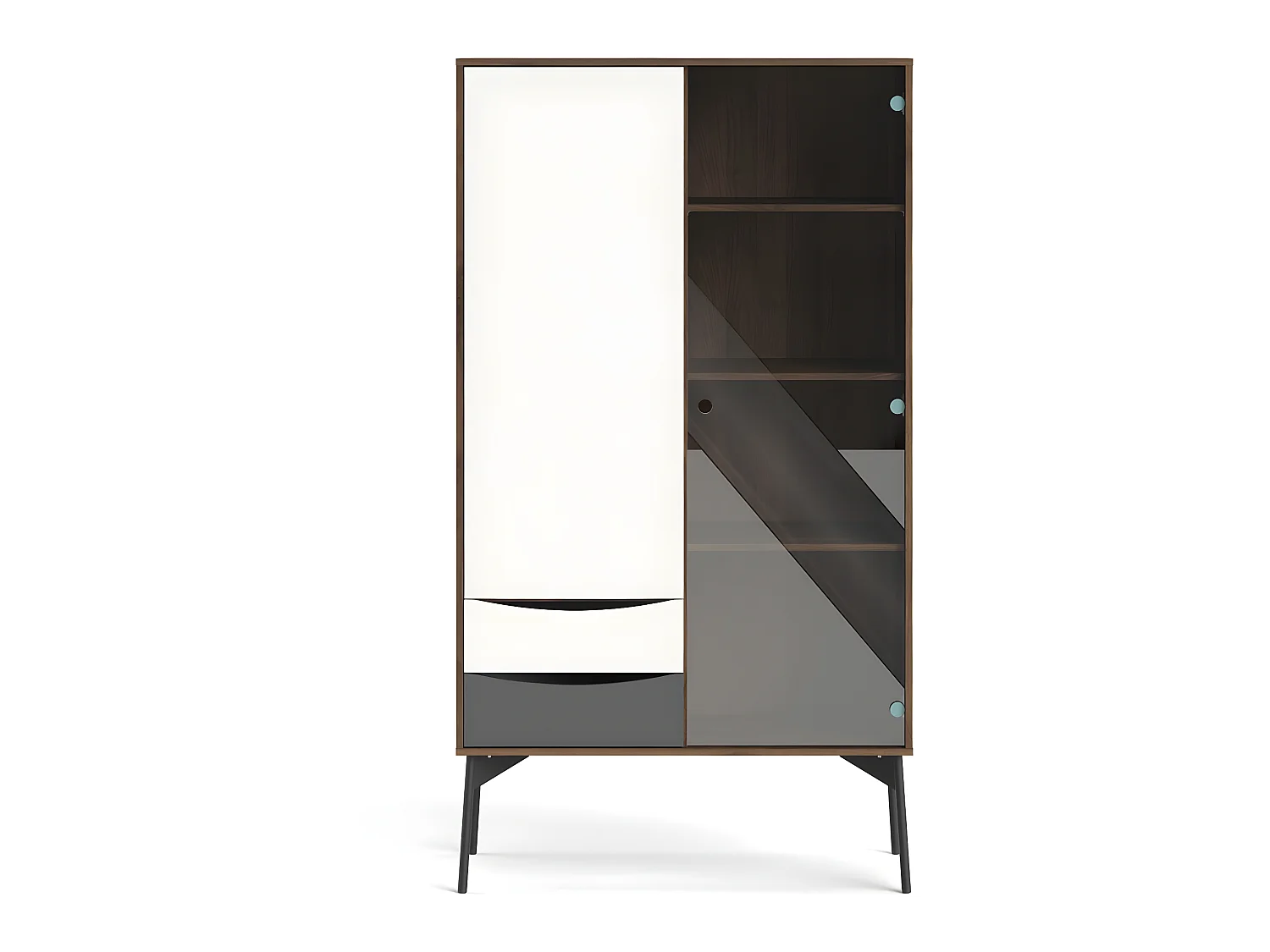 Elly vitrinekast met 1 deur, 1 glasdeur en 2 laden bruin,wit,grijs.