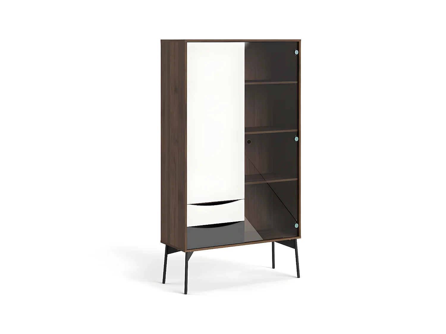 Elly vitrinekast met 1 deur, 1 glasdeur en 2 laden bruin,wit,grijs.