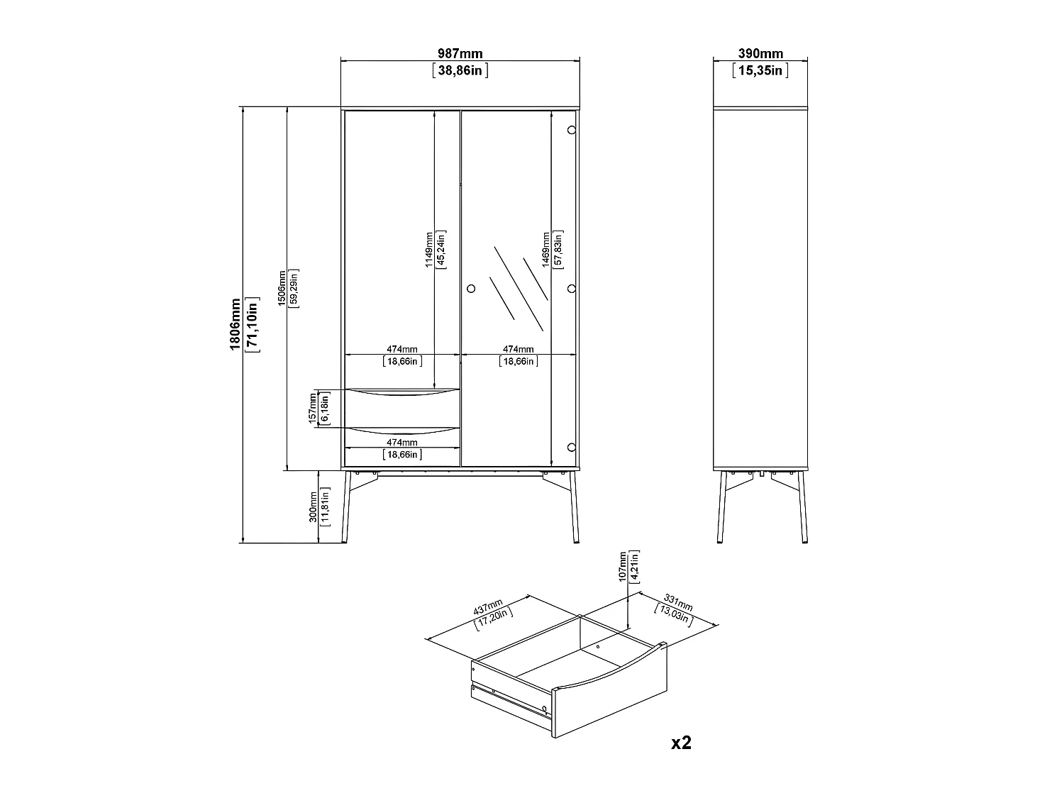 Elly vitrinekast met 1 deur, 1 glasdeur en 2 laden bruin,wit,grijs.