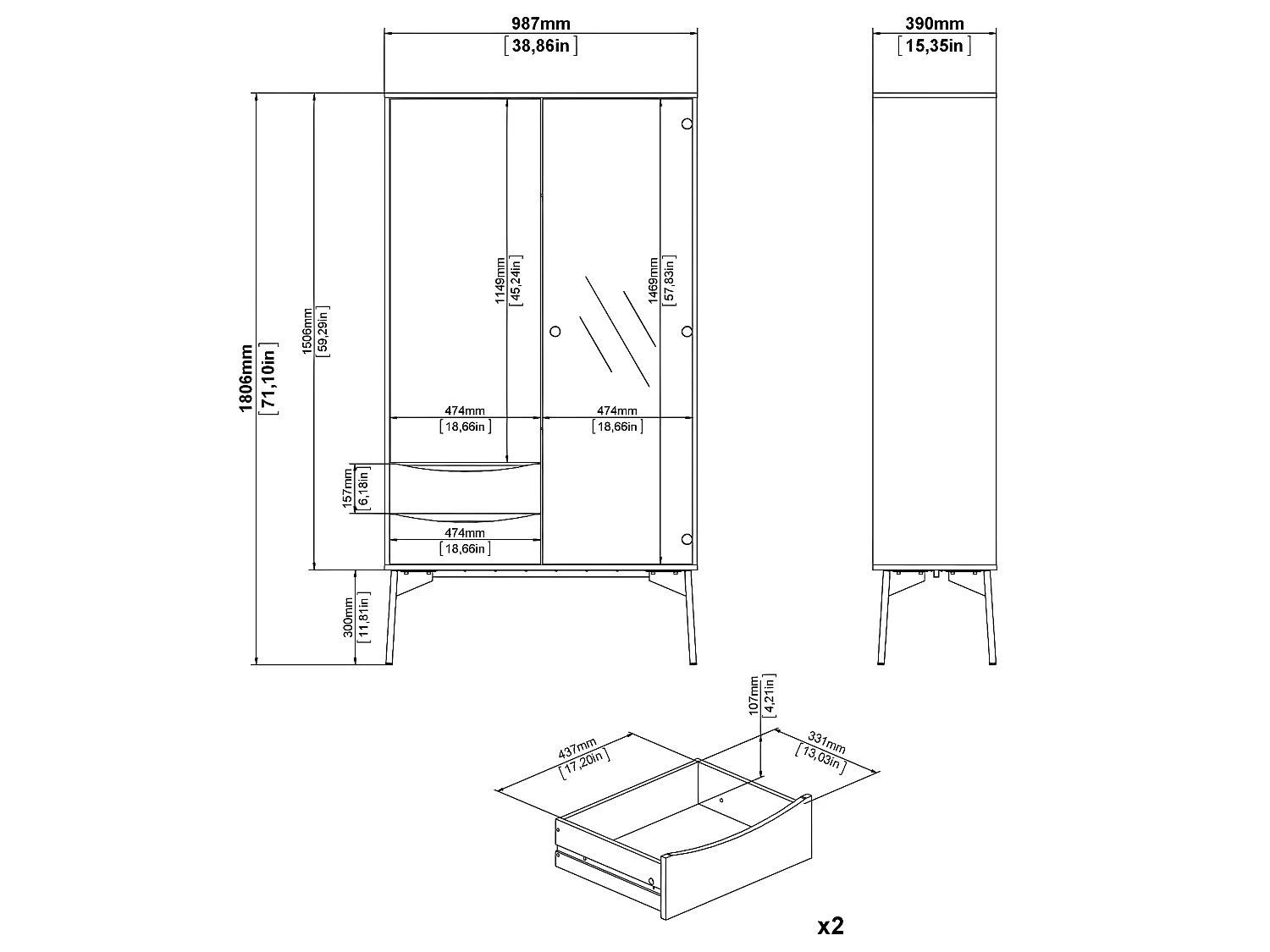 Elly Vitrine avec 1 porte, 1 porte vitrée et 2 tiroirs marron,blanc,gris.