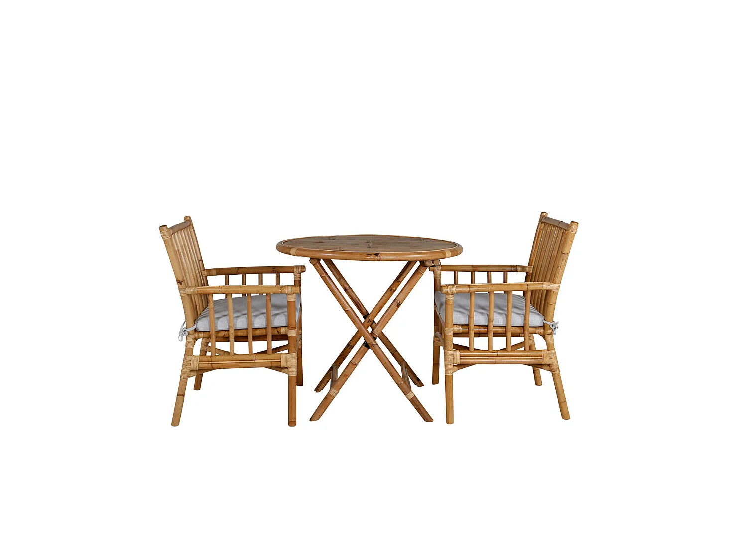 Cane Ensemble table et chaises de jardin, table Ø80cm et 2 chaises Cane, gris clair, naturel.