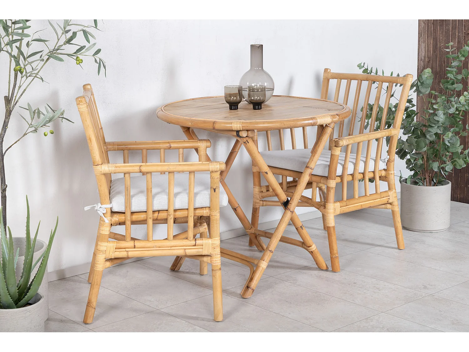 Cane Gartenset Tisch Ø80cm und 2 Stühle Cane hellgrau, natur.