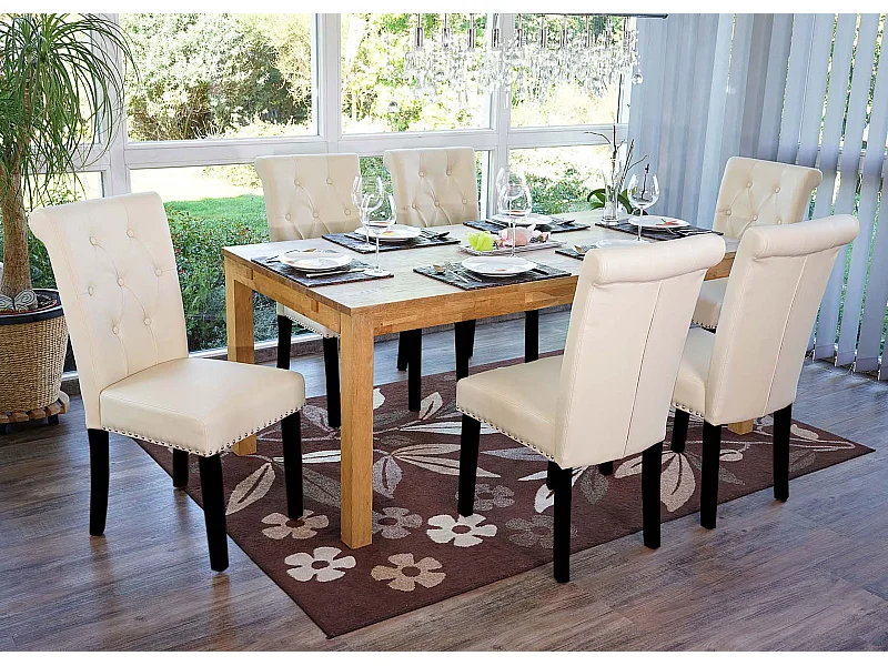 Set 6x sedie Chesterfield II ecopelle sala pranzo avorio piedi scuri