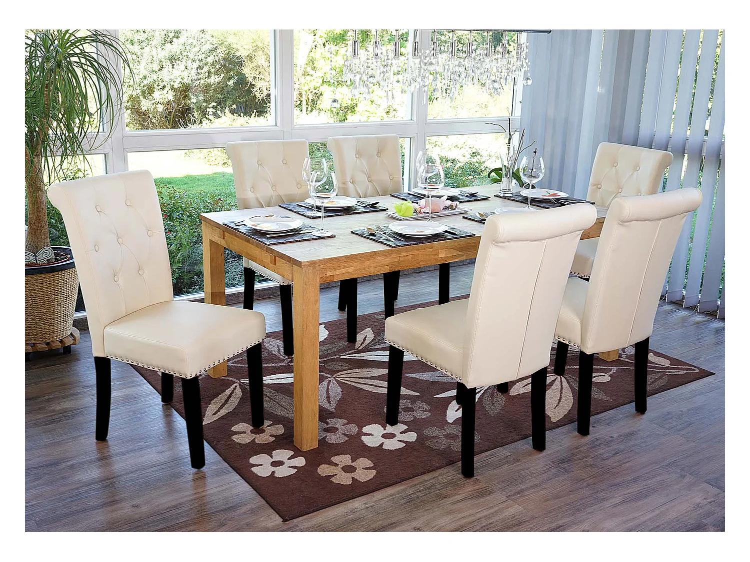 Chaise de salle à manger Chesterfield II (lot de 6), 6x chaise de salle à manger Chesterfield II, fauteuil avec rivets, similicuir crème, pieds foncés