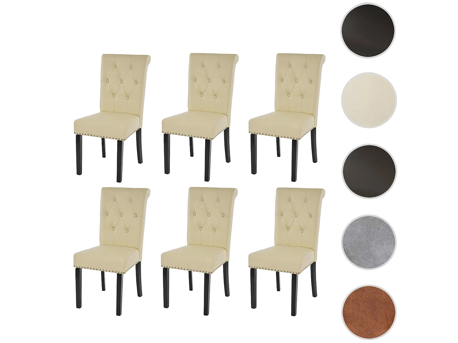 Chaise de salle à manger Chesterfield II (lot de 6), 6x chaise de salle à manger Chesterfield II, fauteuil avec rivets, similicuir crème, pieds foncés