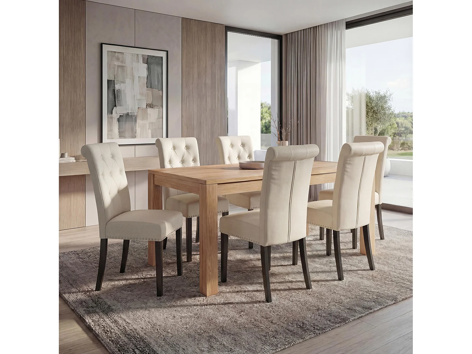 Eetkamerstoel Chesterfield II (set van 6),  kunstleer, crème, donkere poten