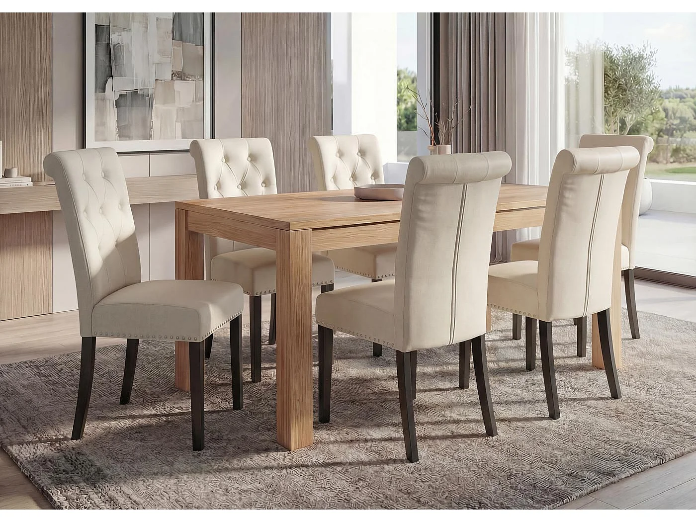 Chaise de salle à manger Chesterfield II (lot de 6),  similicuir crème, pieds foncés