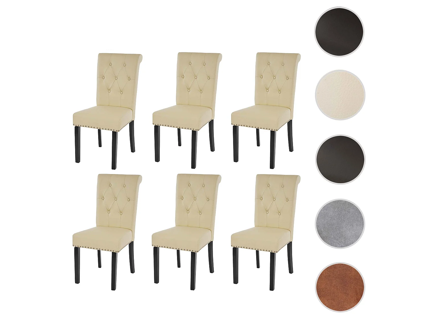 Chaise de salle à manger Chesterfield II (lot de 6),  similicuir crème, pieds foncés