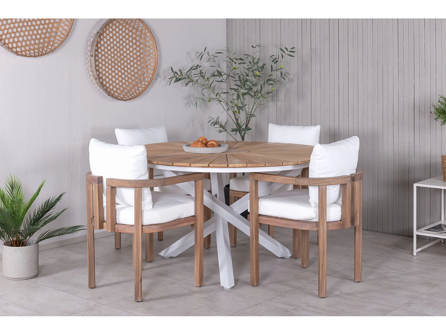 Mexico Ensemble table et chaises de jardin, table Ø140cm et 4 chaises Erica, blanc, naturel.